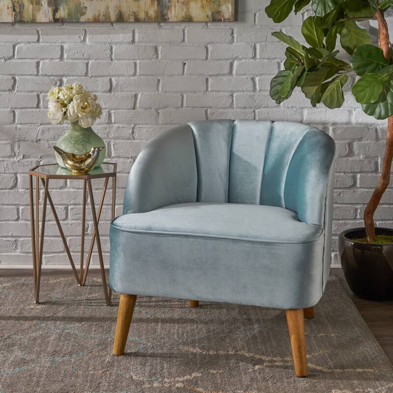 Roomfitters Modern Velvet Accent Chair, Upholstered Barrel Chair with Wooden Legs - Blue