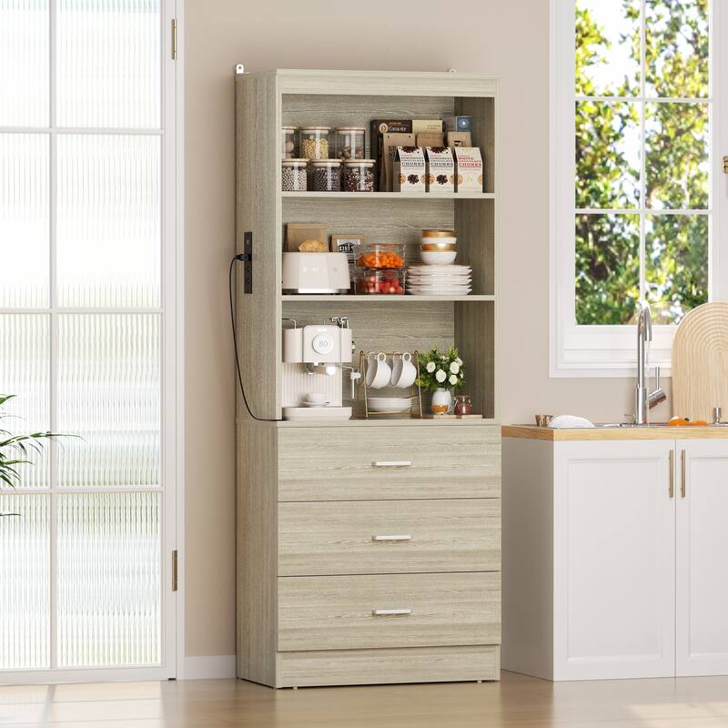 Tall Buffet Sideboard with Charging Station, Storage Pantry Organizer with Drawers and Shelves - Wahed Oak