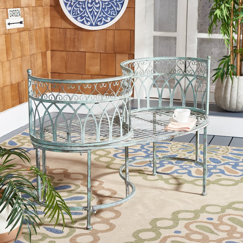 SAFAVIEH Outdoor Citlalli Victorian Scroll Iron Kissing Bench - 44Wx24Dx31H - Antique Dark Green