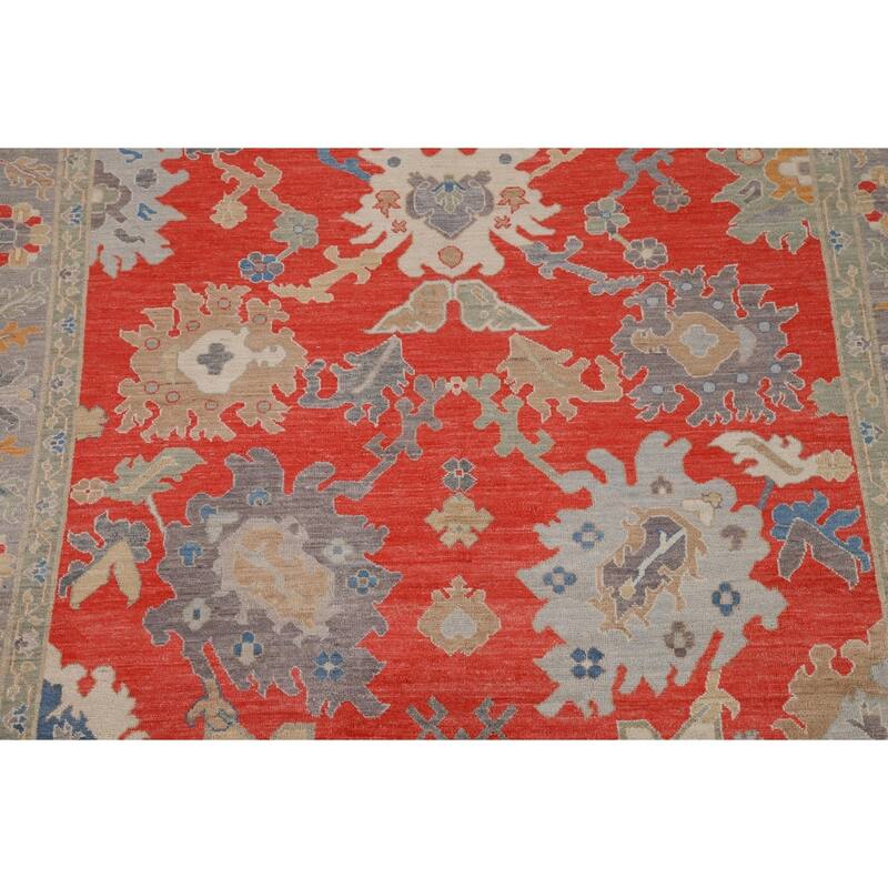 Red Floral Oushak Vegetable Dye Area Rug Handmade Wool Carpet - 8'2"x 9'11"