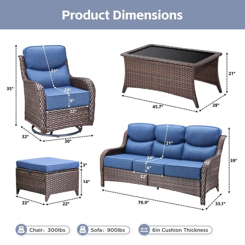 Arcadia 6-Piece Wicker Patio Conversation Set with Swivel Gliders and 6-Inch Thick Olefin Cushions