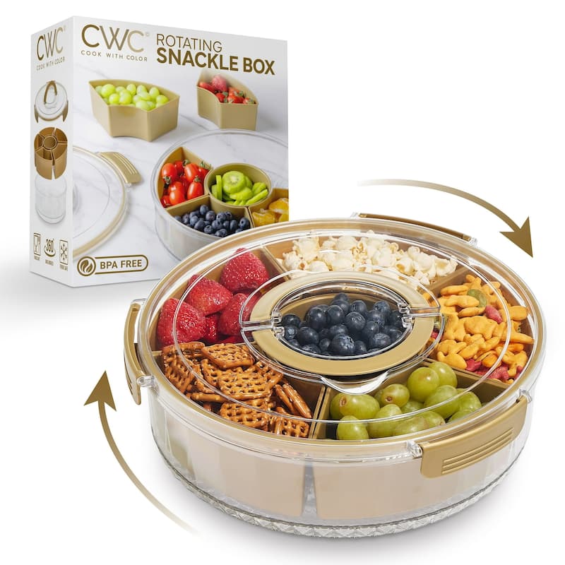 COOK WITH COLOR Round Snackle Box – 6-Compartment Serving Tray with Lid and Handle,Kids Lunch Box & Meal Prep Snack Container - Gold