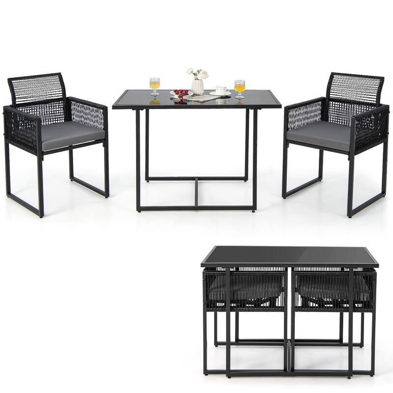 3 PCS Patio Dining Set Outdoor Space-Saving PE Wicker Bistro Set - Grey+Black