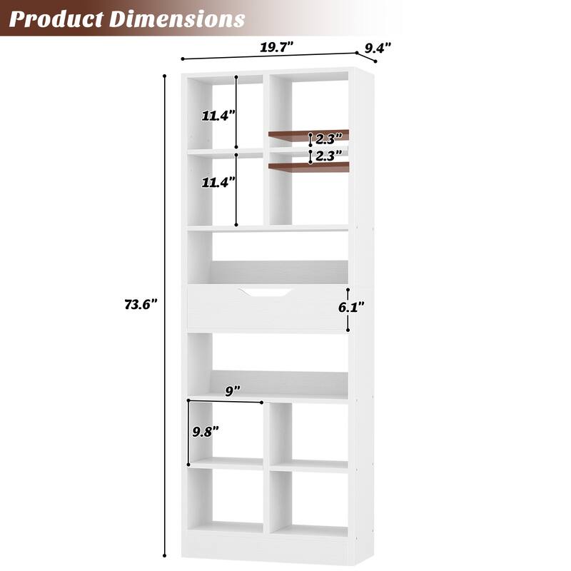 Freestanding 74" Tall Bookcase with Drawer,8-Tier Bookshelf Open Display Shelves for Living Room Home Office, Bedroom