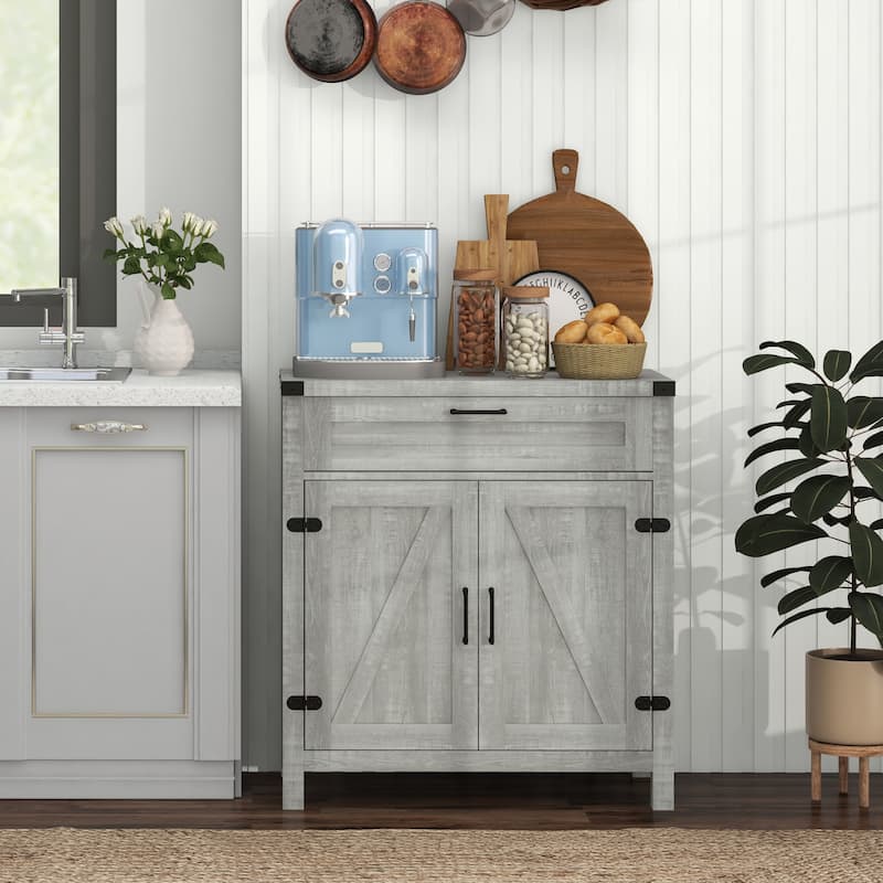 Farmhouse Buffet Cabinet with 2 Barn Doors, Drawer and Adjustable Shelf for Kitchen