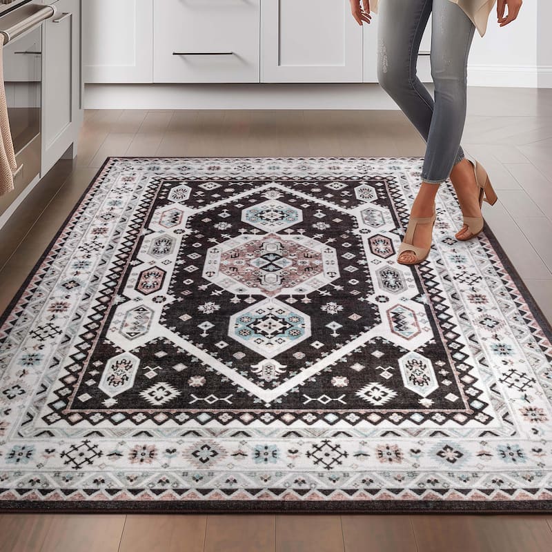 Well Woven Kings Court Kama Tribal Medallion Washable Low Pile Rug - 5' x 7' - Black