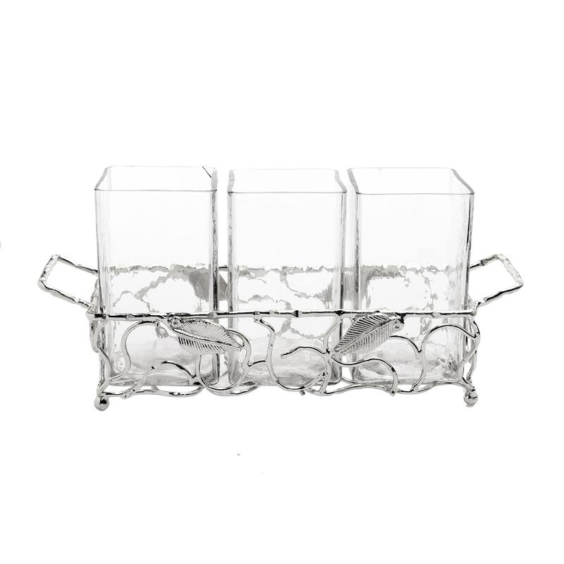 Silver Leaf Cutlery Holder with Hammered Glass Inserts - 11.5"L x 3.25"W x 5.75"H