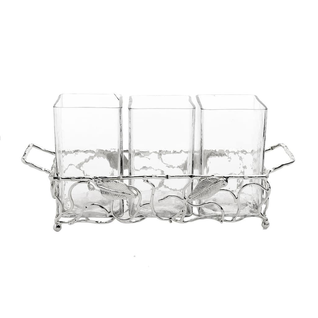 Silver Leaf Cutlery Holder with Hammered Glass Inserts - 11.5"L x 3.25"W x 5.75"H