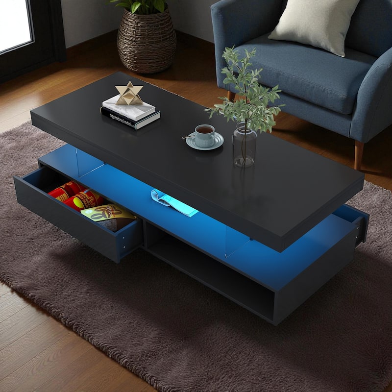 51.2'' LED Coffee Table with 2 Drawers and Shelves, Modern High Gloss Center Table with Storage for Living Room