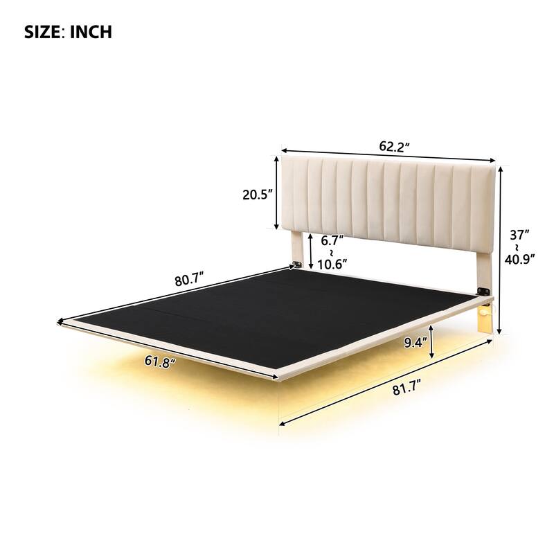 Queen Upholstered Velvet Bed with Sensor Light and Floating Frame - Modern Platform Bed with Headboard, No Box Spring Required