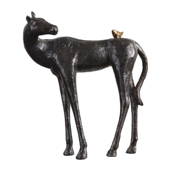 10” Dark Brown Horse with Antiqued Gold Bird Sculpture - N/A