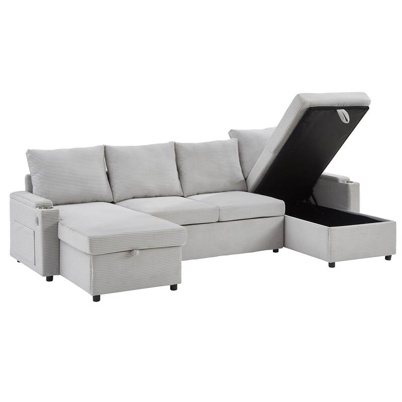 U-Shaped Sectional Sofa Convertible Sleeper Sofa with Dual Storage Chaise Lounges, Cup Holders, USB, Storage Boxes and Pockets