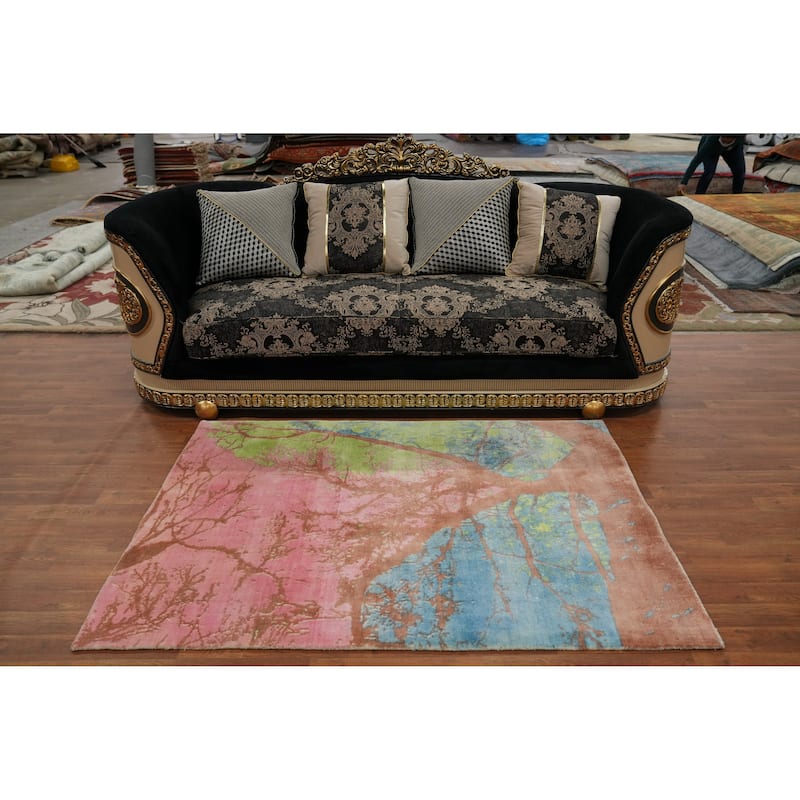 Hand-knotted Modern Silk Multi-Colored Abstract Oriental Area Rug - 5' 9'' X 4' 0''