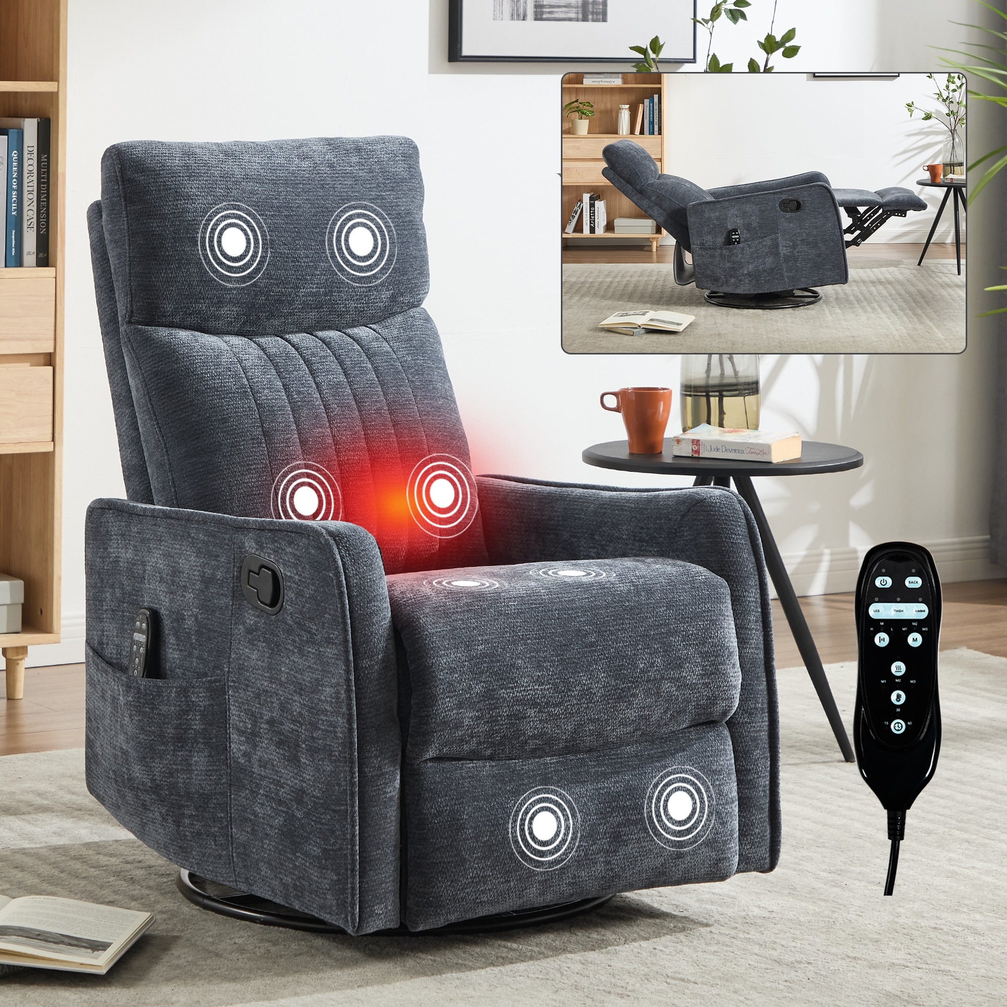 Heat Massage Manual Recliner Chair with Rocker and Swivel in Fabric for Living Room
