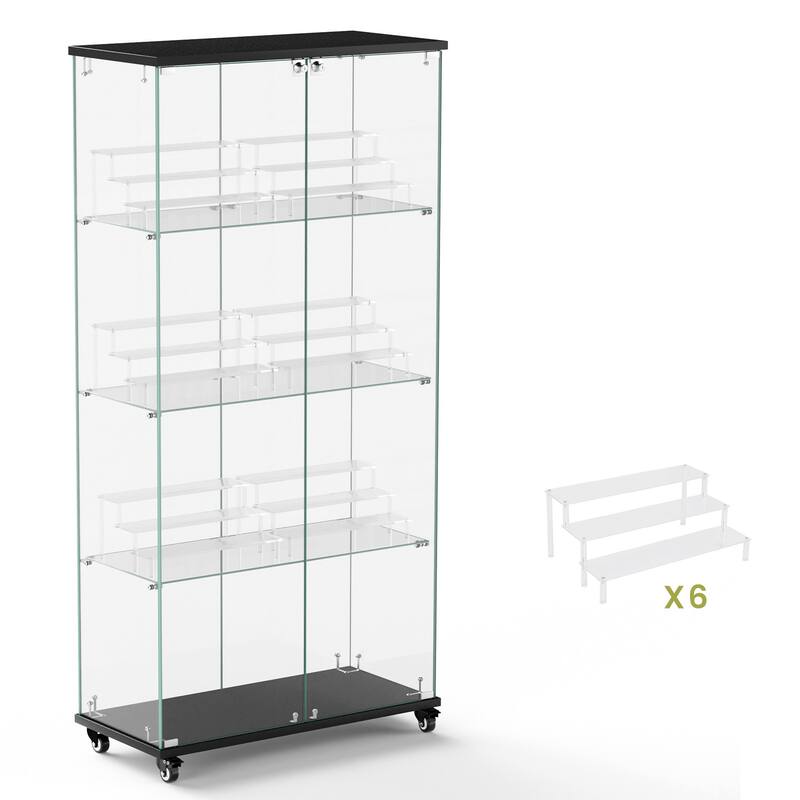 4 Tier Glass Display Cabinet, Double Door Glass Cabinet with Two Locks, Floor Standing Storage Cabinet with 6 Acrylic Shelves
