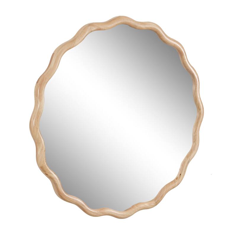Roomfitters 42" Solid Wood Wavy Mirror, Large Modern Round Wall Decor for Bathroom, Bedroom & Entryway, Natural Wood