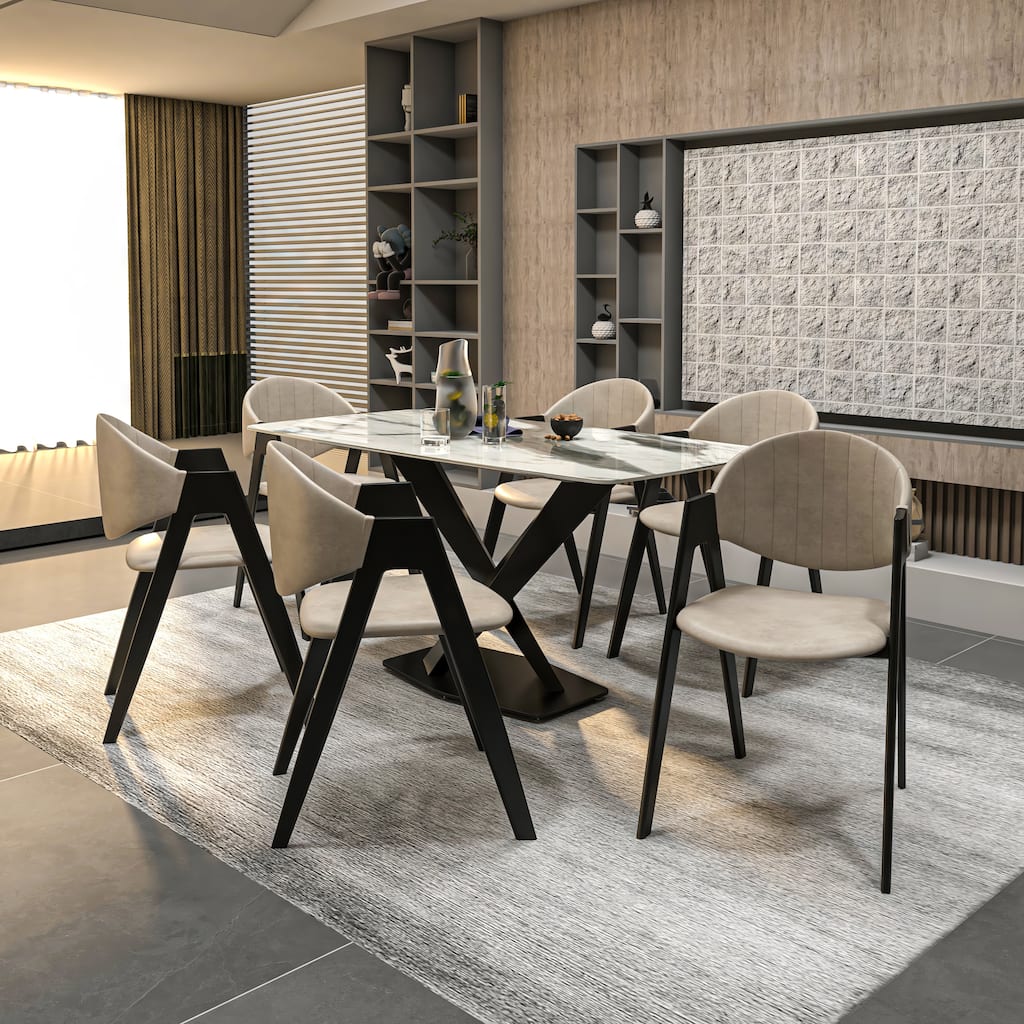 Savor Mid-Century Modern Polyester/Leather Dining Chairs, Set of 4 - Curved Back Kitchen Chairs with Heavy-Duty Iron Legs