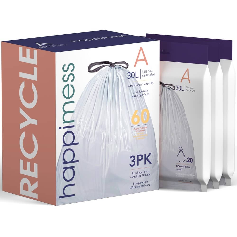 happimess 8-Gallon (30L) Drawstring Trash Can Liner, Clear (60-Count, 3-Packs of 20 Liners)