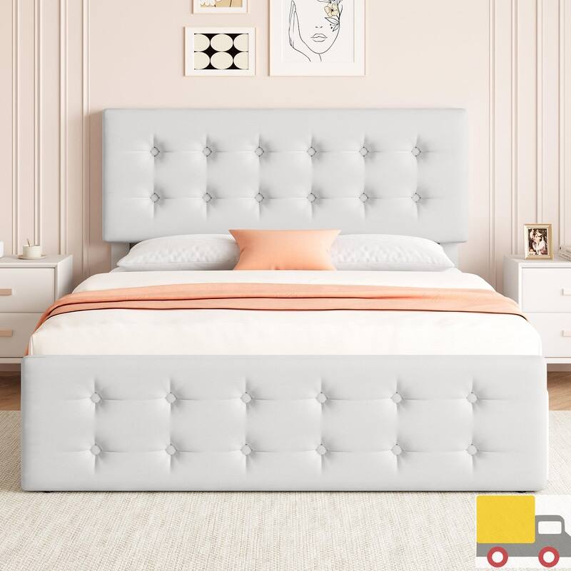 Upholstered Bed with 4 Drawers and Adjustable Button-Tufted Linen Headboard