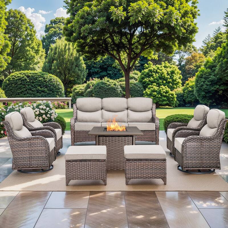 Pocassy 8 Pieces Outdoor 6" Sofa Swivel Chair Ottoman with Fire Pit Table - Brown Wicker - Beige cushion