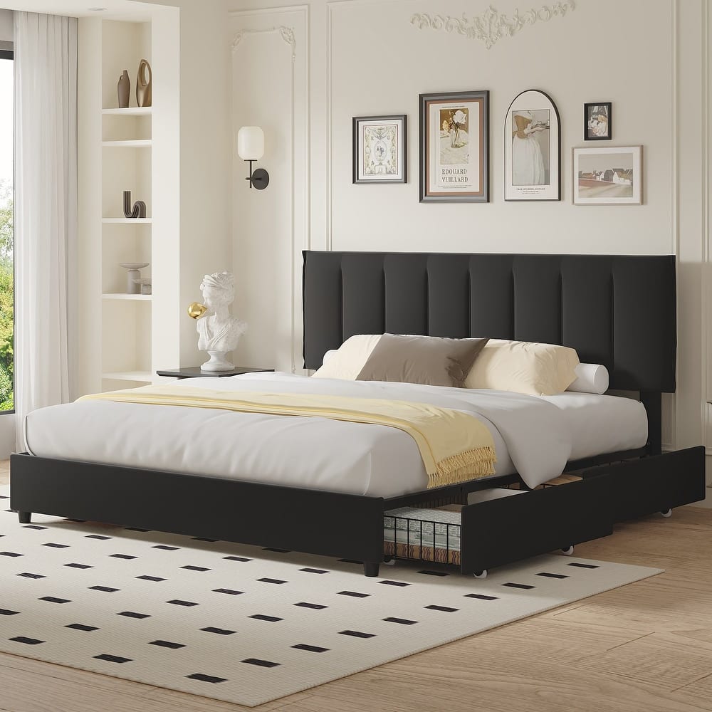 Black Bed Frame with 4 Storage Drawers, Upholstered Platform Bed Frame with Adjustable Headboard