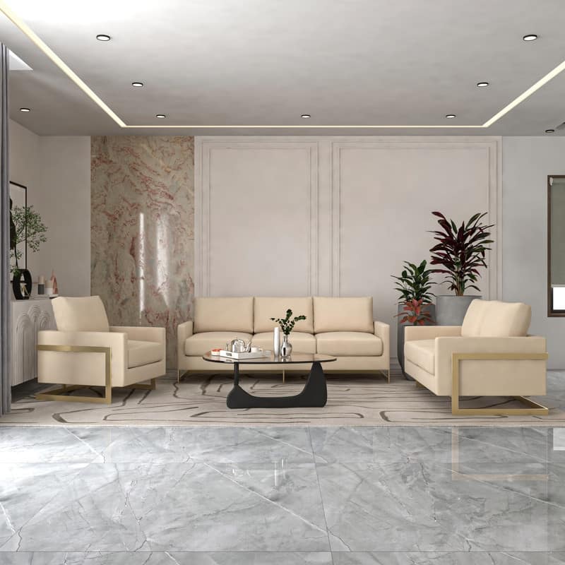 Lincoln Modern Leather 3-piece Sofa Set Accent Armchair in Gold Steel Base with Removable Cushion for Living Room or Office