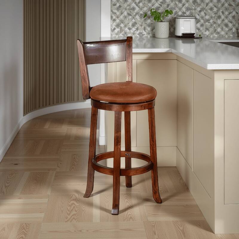 Odel Swivel Barstool Chair Set of 2, Brown Faux Leather, Dark Mahogany