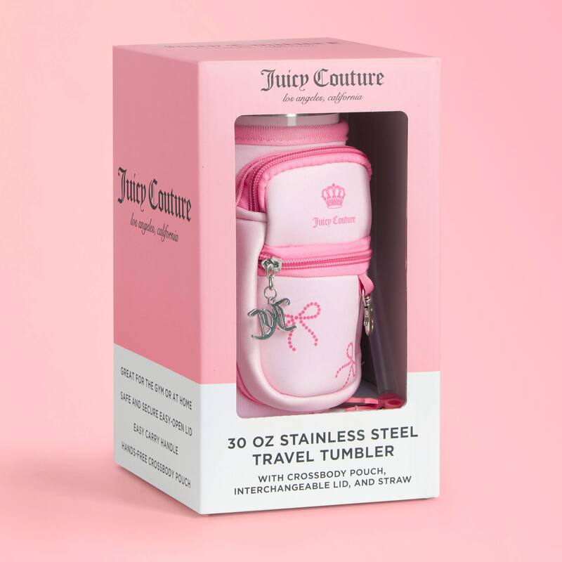 Juicy Couture Jetsetter Hydration Stainless Steel Tumbler with Handle, Straw & Topper with Neoprene Crossbody Pouch