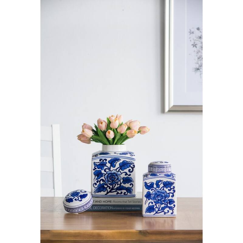 Floral Square Ceramic Canister Decoration - 8" - Blue and White