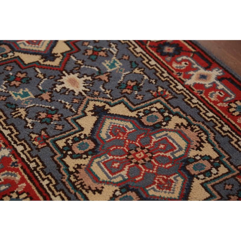Blue Geometric Heriz Serapi Runner Rug Hand-Knotted Wool Carpet - 2'7"x 7'10"