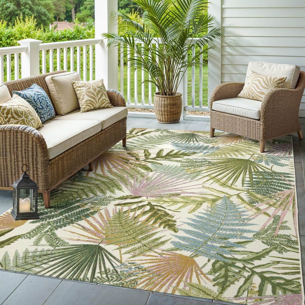 Style Haven Nova Layered Tropical Leaves Green/ Ivory Area Rug.