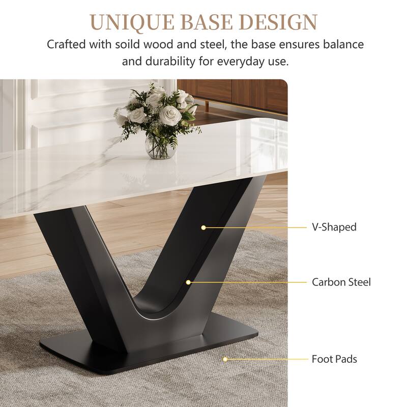 71'' Modern Rectangular Dining Table for 6, White Glossy Sintered Stone top with Gold Stainless Steel Legs