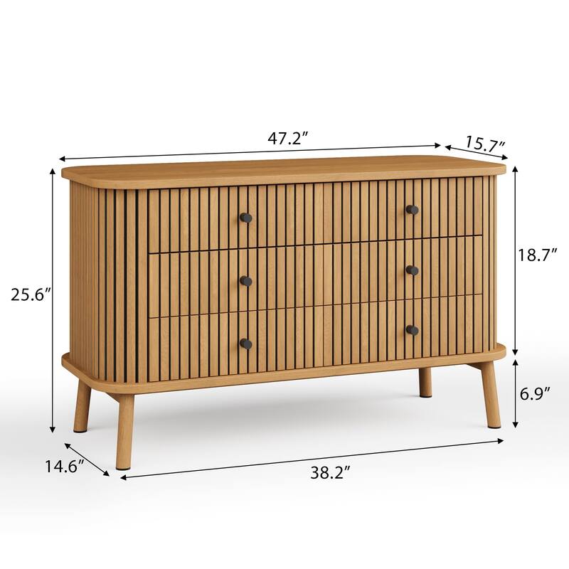 6 Drawer Dresser for Bedroom, Double Chest of Drawers, Boho Wooden Dresser with Handles