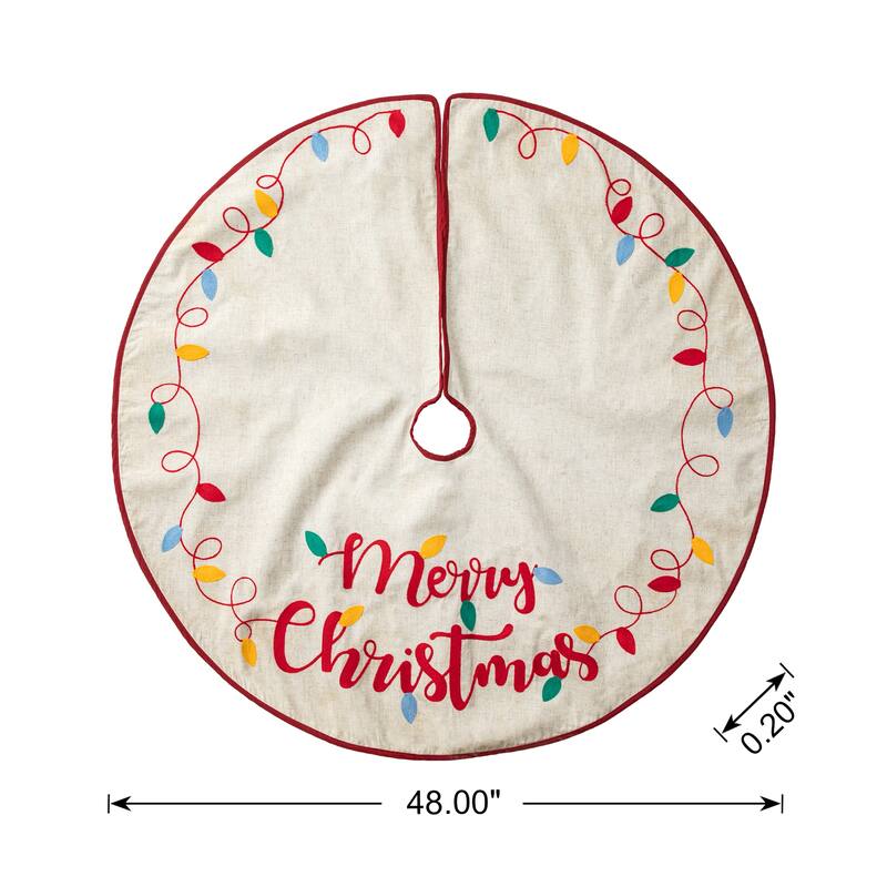 Glitzhome 48"D Pre-lit LED Embroidered Linen Merry Christmas Tree Skirt