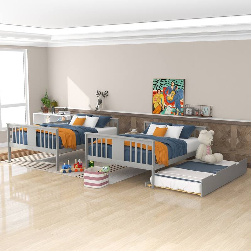 Full Bunk Bed with Twin Trundle, Wood Frame, Safety Rails, and Ladder