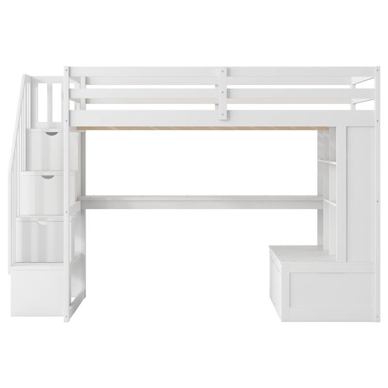 Full Size Loft Bed with Desk, Shelves, Drawers, and Storage Staircase in White