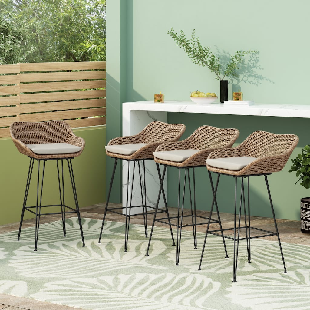 Kevin Outdoor Wicker and Iron Barstool (Set of 4) by Christopher Knight Home