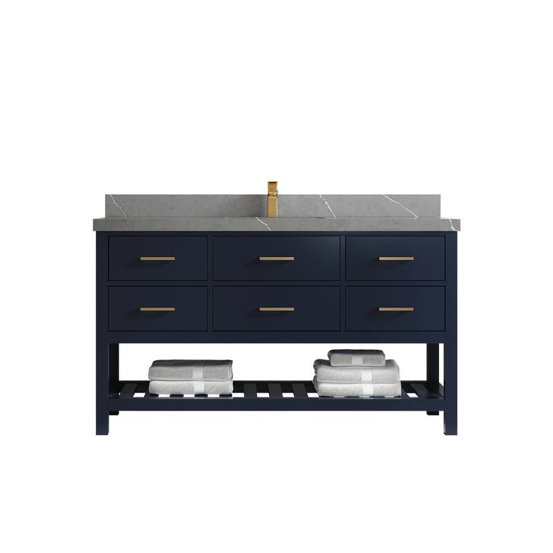 Willow Collections 60 in. W x 22 in. D Parker Single Sink Bathroom Vanity with Countertop - 2" Piatra Gray - Navy Blue
