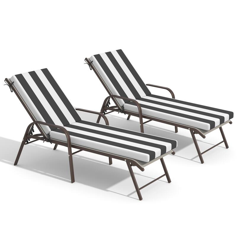 Outdoor Lounge Chairs Chaise Lounge Set with Adjustable Back and Cushions - Light Grey Fabric Chair with Black&White Cushion