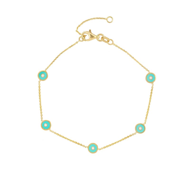Curata 14k Yellow Gold 7.25" Round Blue Enamel Evil Eye Adjustable Bracelet