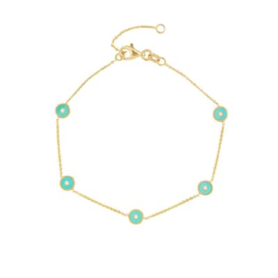 Curata 14k Yellow Gold 7.25" Round Blue Enamel Evil Eye Adjustable Bracelet