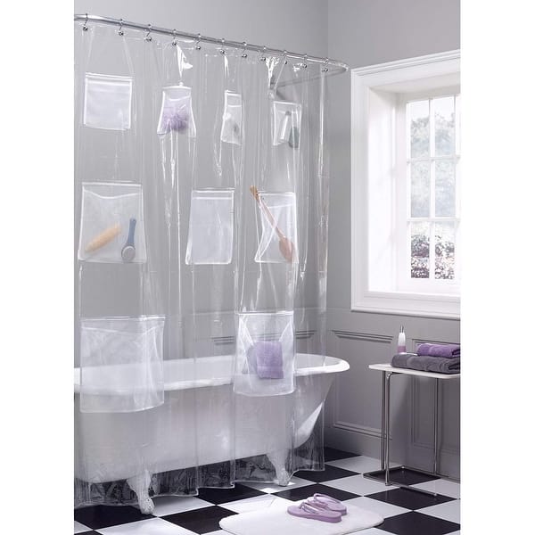 slide 2 of 4, Quick Dry Mesh Pockets Waterproof PEVA Shower Curtain