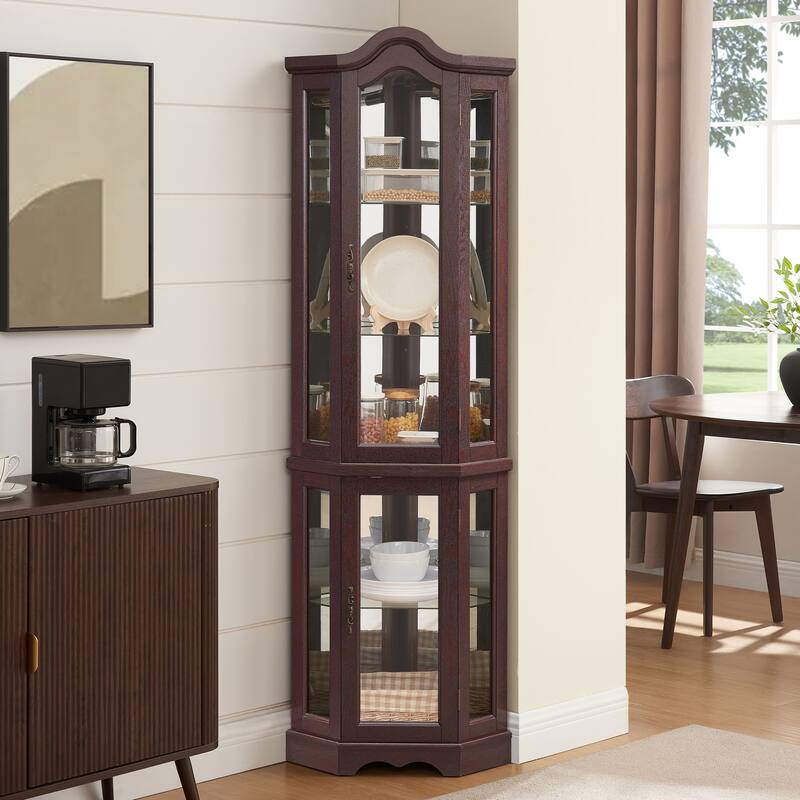 GDFStudio - Storage Corner Curio Cabinet with Lighted Glass Shelves - Brown