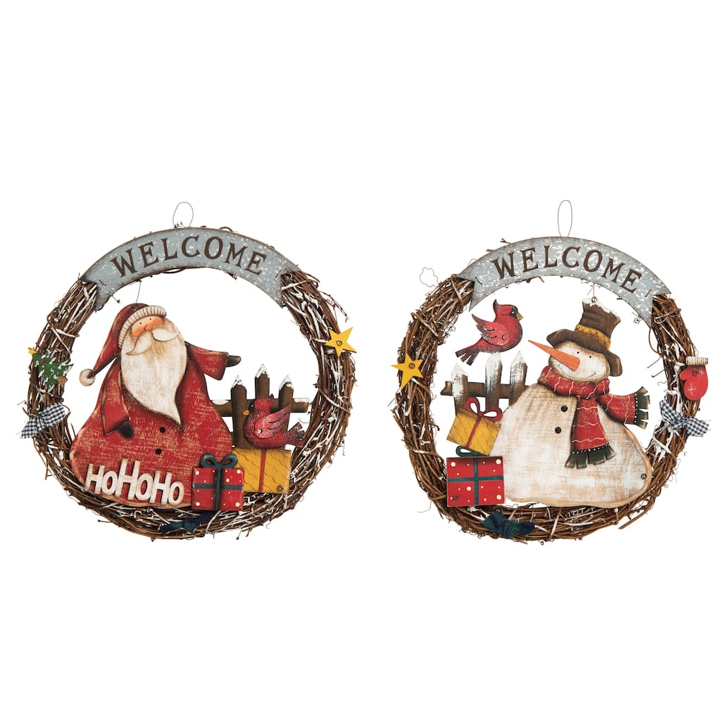 Transpac Plywood Santa & Snowman Wreath Decor Set of 2 Christmas Home Decorations - Multicolor