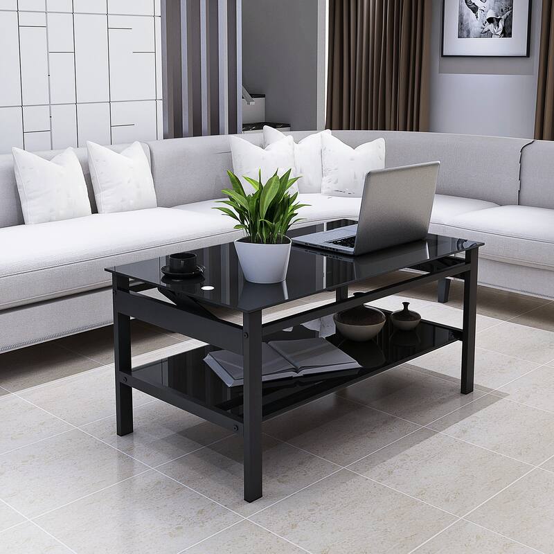 Glass Lift Top Coffee Table, Modern Simple 2-Layer Tempered Glass Coffee Table for Living Room - Glass - Black