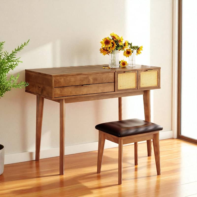 43.3" Wood Makeup Vanity Set with Flip-Top Mirror, 3 Drawers and Upholstered Stool, Dressing Table with Storage - Brown