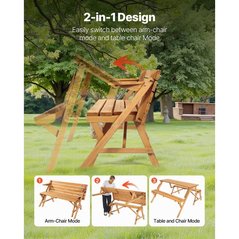 2-in-1 Foldable Wooden Picnic Table Bench with Umbrella Hole for Outdoor Garden Patio Use - 55.5” x 18.5” x 6.7”