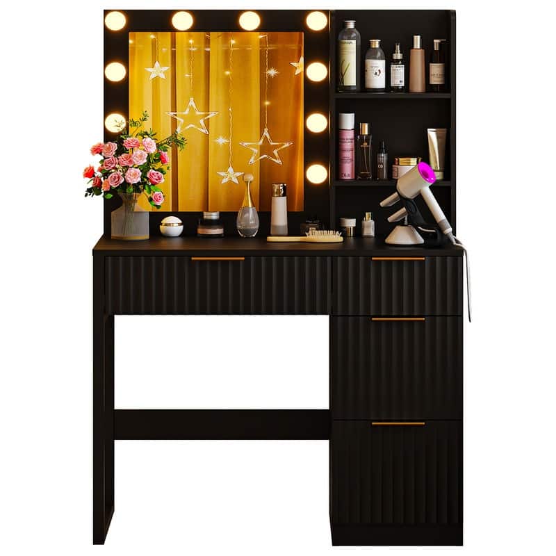 Particle Board Veneered with Textured Melamine 4-drawer 2-shelf with 10 Three-color Dimmable Bulbs Dressing Table - N/A
