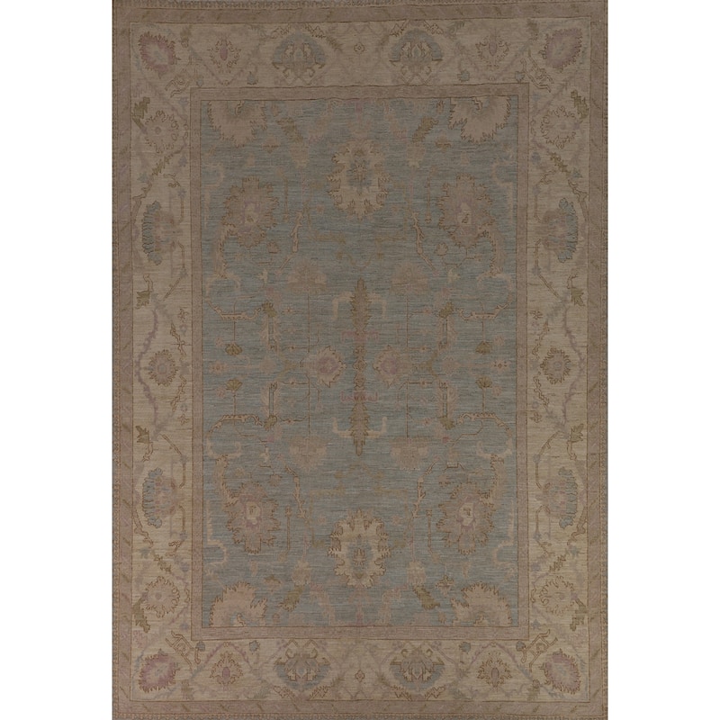 Floral Blue Oushak Turkish Area Rug Hand-Knotted Wool Carpet - 9'0"x 12'1"