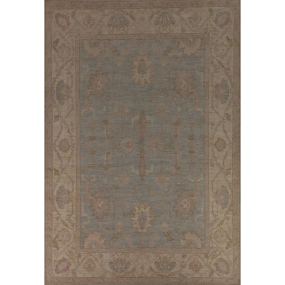 Floral Blue Oushak Turkish Area Rug Hand-Knotted Wool Carpet - 9'0"x 12'1"